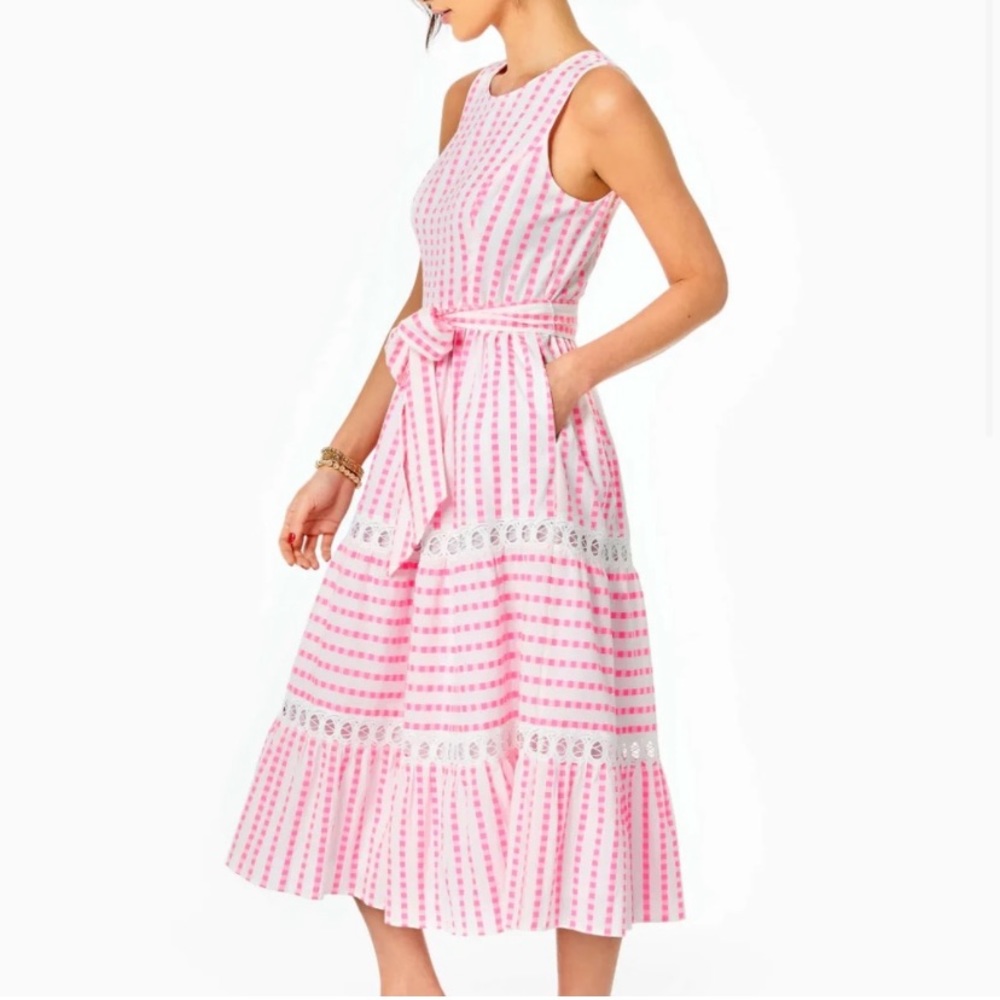 Maybella Gingham Lace Insert Dress Lilly Pulitzer, Size 10, Pink & White Midi
